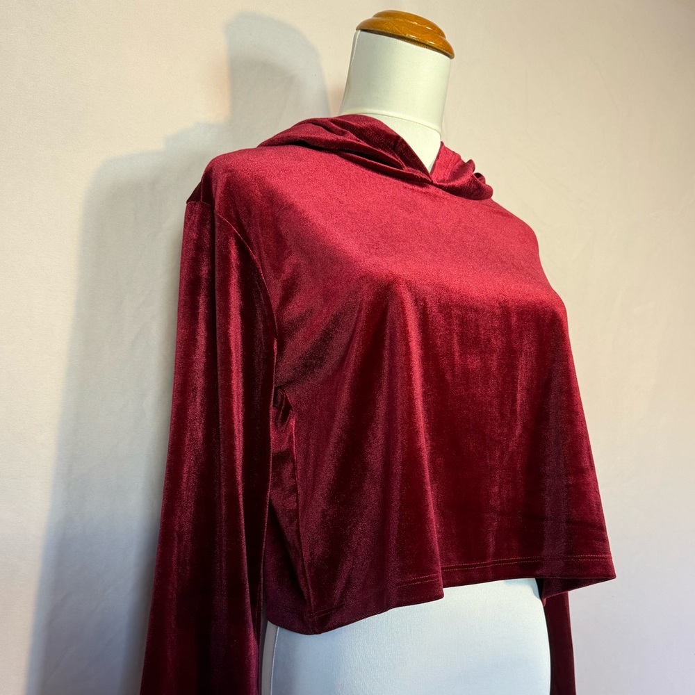 Burgundy Velvet Cropped Hoodie | Long Sleeve | Size M